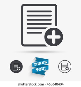 Text file sign icon. Add File document symbol. Flat icons. Buttons with icons. Thank you ribbon. Vector