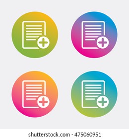 Text file sign icon. Add File document symbol. Gradient flat buttons with icon. Modern design. Vector