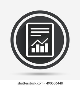 Text file sign icon. Add File document with chart symbol. Accounting symbol. Circle flat button with shadow and border. Vector