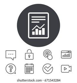 Text file sign icon. Add File document with chart symbol. Accounting symbol. Calendar, Locker and Speech bubble line signs. Video camera, Statistics and Question icons. Vector