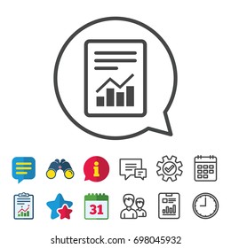 Text file sign icon. Add File document with chart symbol. Accounting symbol. Information, Report and Calendar signs. Group, Service and Chat line icons. Vector