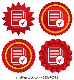 Text file sign icon. Check File document symbol. Red stars stickers. Certificate emblem labels. Vector