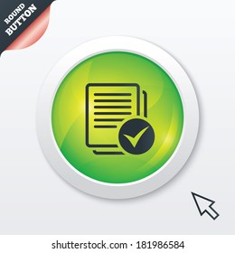 Text file sign icon. Check File document symbol. Green shiny button. Modern UI website button with mouse cursor pointer. Vector