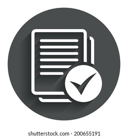 Text file sign icon. Check File document symbol. Circle flat button with shadow. Modern UI website navigation. Vector