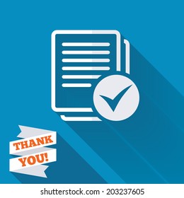 Text file sign icon. Check File document symbol. White flat icon with long shadow. Paper ribbon label with Thank you text. Vector