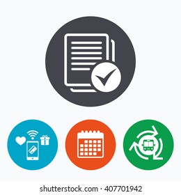 Text file sign icon. Check File document symbol. Mobile payments, calendar and wifi icons. Bus shuttle.