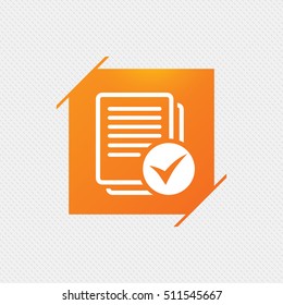 Text file sign icon. Check File document symbol. Orange square label on pattern. Vector