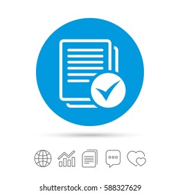 Text file sign icon. Check File document symbol. Copy files, chat speech bubble and chart web icons. Vector