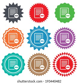 Text file sign icon. Delete File document symbol. Stars stickers. Certificate emblem labels. Vector