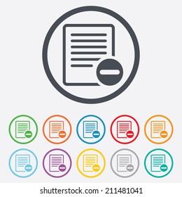 Text file sign icon. Delete File document symbol. Round circle buttons with frame. Vector