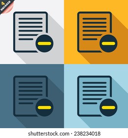 Text file sign icon. Delete File document symbol. Four squares. Colored Flat design buttons. Vector