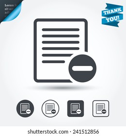 Text file sign icon. Delete File document symbol. Circle and square buttons. Flat design set. Thank you ribbon. Vector
