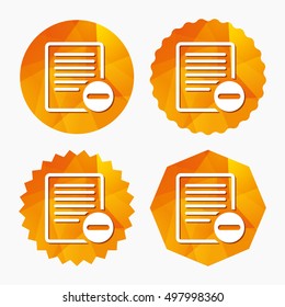 Text file sign icon. Delete File document symbol. Triangular low poly buttons with flat icon. Vector