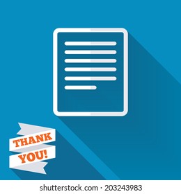 Text file sign icon. File document symbol. White flat icon with long shadow. Paper ribbon label with Thank you text. Vector