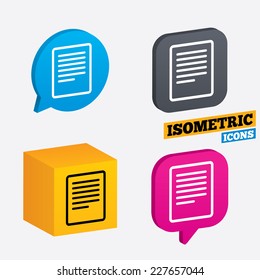 Text file sign icon. File document symbol. Isometric speech bubbles and cube. Rotated icons with edges. Vector