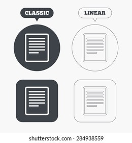 Text file sign icon. File document symbol. Classic and line web buttons. Circles and squares. Vector