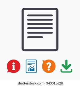 Text file sign icon. File document symbol. Information think bubble, question mark, download and report.