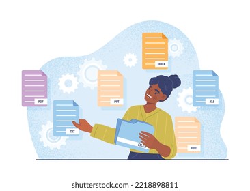 Text Files Concept. Woman Puts Papers In Folder. Metaphor Of Online Archive And Electronic Data Storage. Work With Information And Statistics. Cloud Online Service. Cartoon Flat Vector Illustration