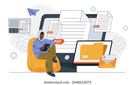 Formatos de arquivos de texto. Homem com tablet nas mãos fica perto do computador com documentos eletrônicos de texto. Pdf, xls e doc. Comunicação comercial. Arquivamento ou armazenamento. Ilustração de vetor plano