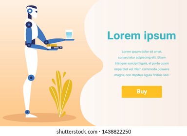 Text Flat Ad Banner Offers to Buy Personal Robot Assistant for Healthcare. Cartoon Humanoid Stands with Water Glass and Medicines. Artificial Intelligence for Human Life Relief. Vector Illustration