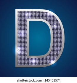 Text font "D" set in diamonds and silver. Vector.