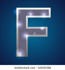 Text font "F" set in diamonds and silver. Vector.