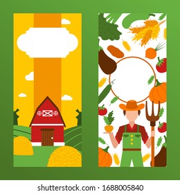 Text, font place poster, rural farmer in hat, harvest, character male, barn, vegetables, pumpkin, tomato, grass, flat vector illustraion. Healthy vegan vegetarian meal design wholesome foodstuff