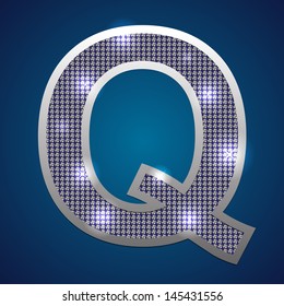 Text font "Q" set in diamonds and silver. Vector.