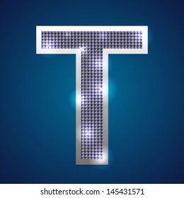 Text font "T" set in diamonds and silver. Vector.
