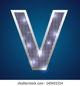 Text font "V" set in diamonds and silver. Vector.