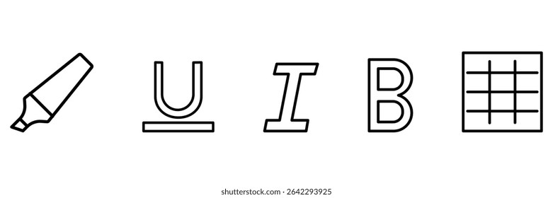 Text format icon set with underline italic bold highlight grid symbol vector line illustration for document editor interface design.
