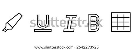 Text format icon set with underline italic bold highlight grid symbol vector line illustration for document editor interface design.