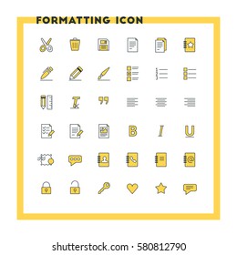 Text formatting flat design icon set. Document, pen, alignment, security, style, save. Vector icons. Yellow and black colors