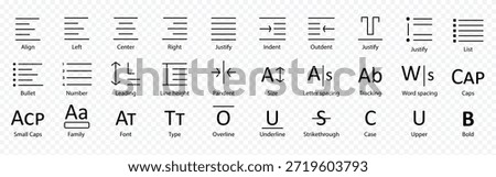 Text formatting and typography line icon set – editable outline symbols of align, bullet, font, size, spacing, underline and bold