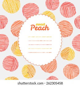 Text frame. Autumn harvest background. Repeating backdrop with scratched peaches. Endless fruit texture. Dessert texture. Orange and pink peaches template. Can be used as seamless pattern.