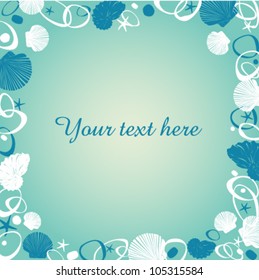 Text frame with blue and white seashells and stones