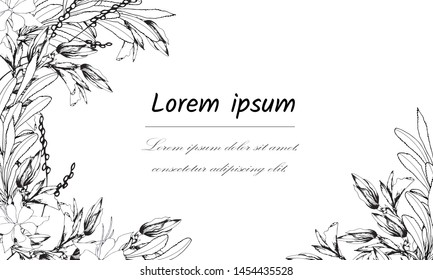 Text frame of contour flowers and leaves. Black white vector illustration. Vintage card for congratulations and invitations with flowers.