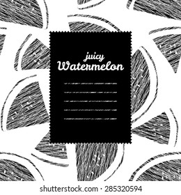 Text frame. Cool colors. Background with scratched watermelon slices. Repeating backdrop. Endless watermelon texture. Dessert texture. Grunge fruits. Harvest template. Can be used as seamless pattern.
