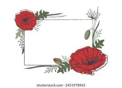 A text frame decorated with flowers and leaves, red poppies on a white background, for postcards, greetings.