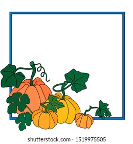 Text frame with hand drawn sketch pumpkins and green leaves. Postcard template. Isolated on white vector illustration.