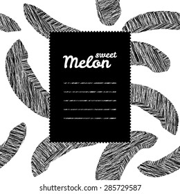 Text frame with melon background. Monochrome. Repeating backdrop with scratched melon slices. Black and white harvest background. Endless fruit texture. Cool colors. Can be used as seamless pattern.