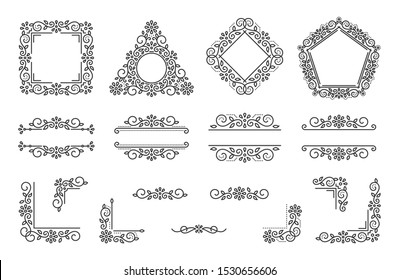 Text frame, monogram, divider, corner set. Fancy elegant wedding decor. Floral ornament, flower element. Square, triangle, rhombus, pentagon, border letter frames. Art design Vector illustration