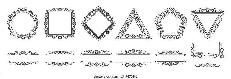 Text frame, monogram, divider, corner set. Fancy elegant wedding decor. Floral ornament, flower element. Square, triangle, rhombus, pentagon, border letter frames Line break design Vector illustration