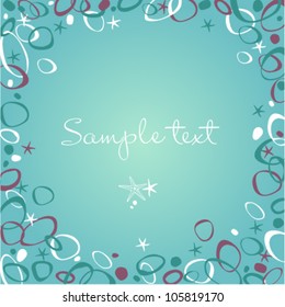 Text frame with purple, aquamarine and white bubbles, sea-stars and stones
