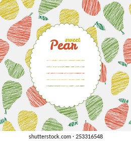 Text frame. Repeating backdrop with scratched pears. Summer harvest background. Endless pear texture. Dessert texture. Harvest template. Can be used as seamless pattern. Fruit card.