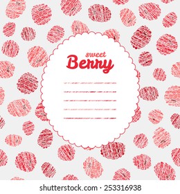Text frame. Summer harvest background with scratched raspberries. Repeating backdrop. Endless rapspberry texture. Dessert texture. Harvest berry template. Can be used as seamless pattern. Fruit card.