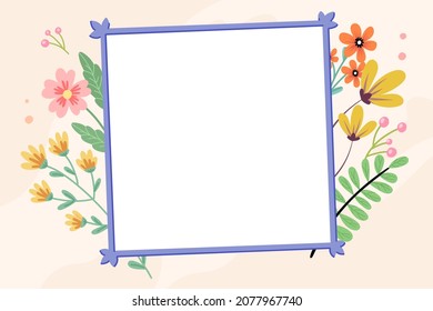 Text Frame Surrounded With Assorted Flowers Hearts And Leaves. Framework For Writing Ringed With Different Daisies, Hearts And Tree Leaves