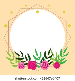 Text Frame Surrounded With Assorted Flowers Hearts And Leaves. Framework For Writing Ringed With Different Daisies, Hearts And Tree Leaves. Yellow color. Circle shape.