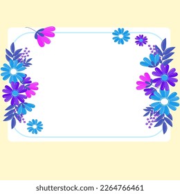 Text Frame Surrounded With Assorted Flowers Hearts And Leaves. Framework For Writing Ringed With Different Daisies, Hearts And Tree Leaves. Yellow color. Square shape.