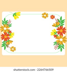 Text Frame Surrounded With Assorted Flowers Hearts And Leaves. Framework For Writing Ringed With Different Daisies, Hearts And Tree Leaves. Yellow color. Square shape.